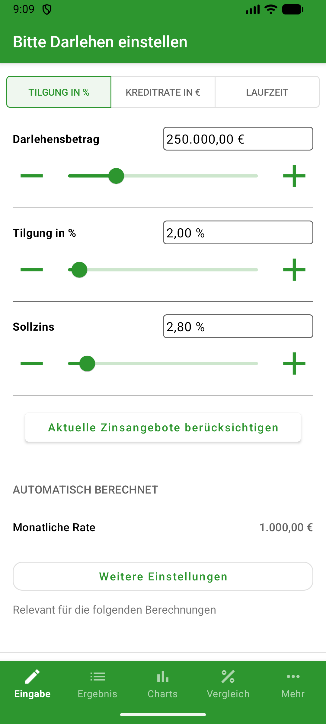 Darlehen einstellen im Baudarlehen-Rechner für Android