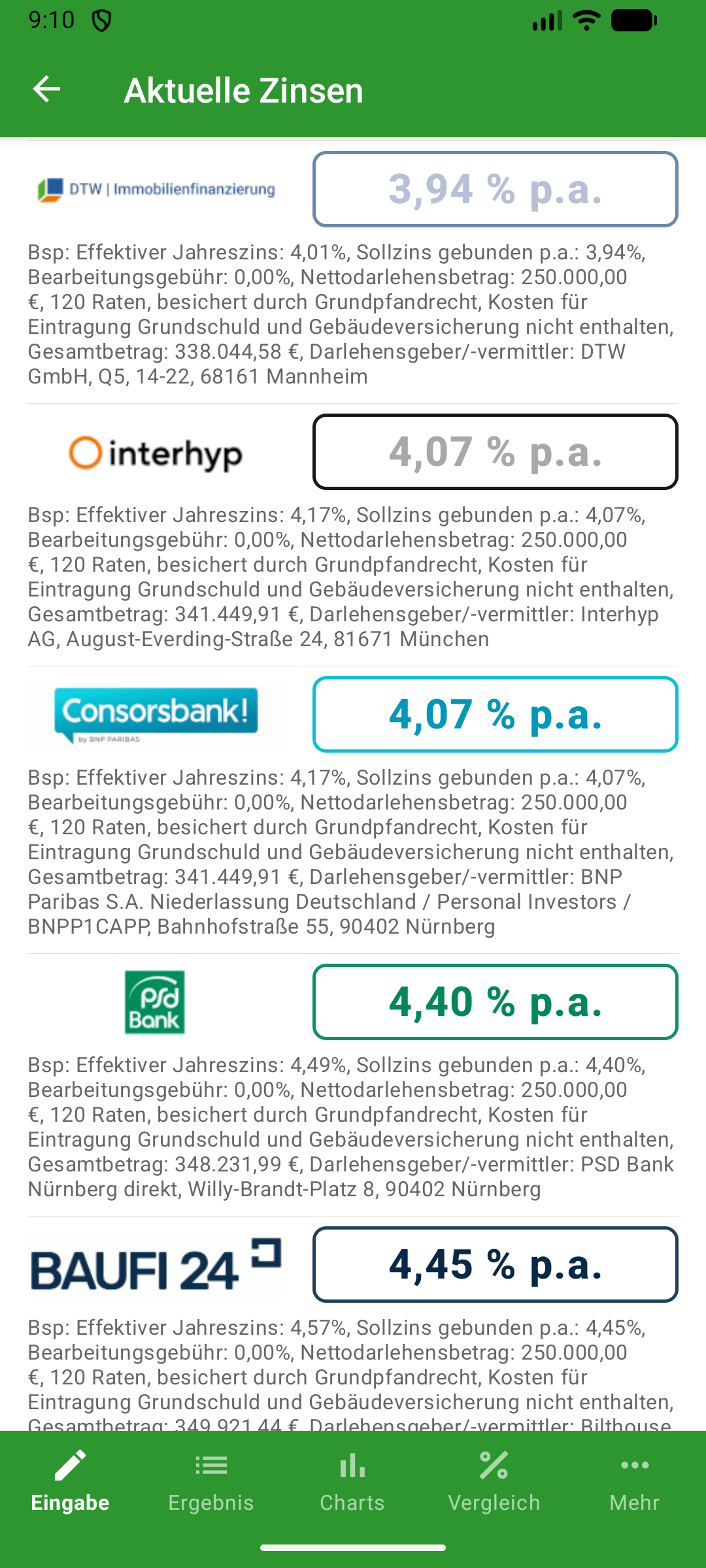 Zinsangebote im Baudarlehen-Rechner für Android